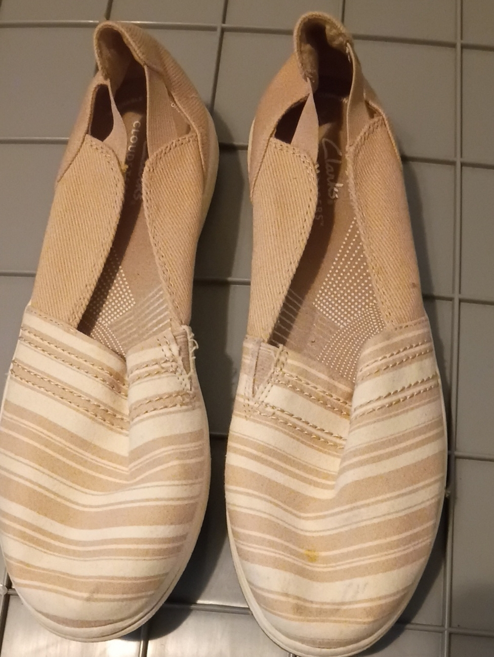Clarks Women's Tan and White Striped Slip-On Shoes
